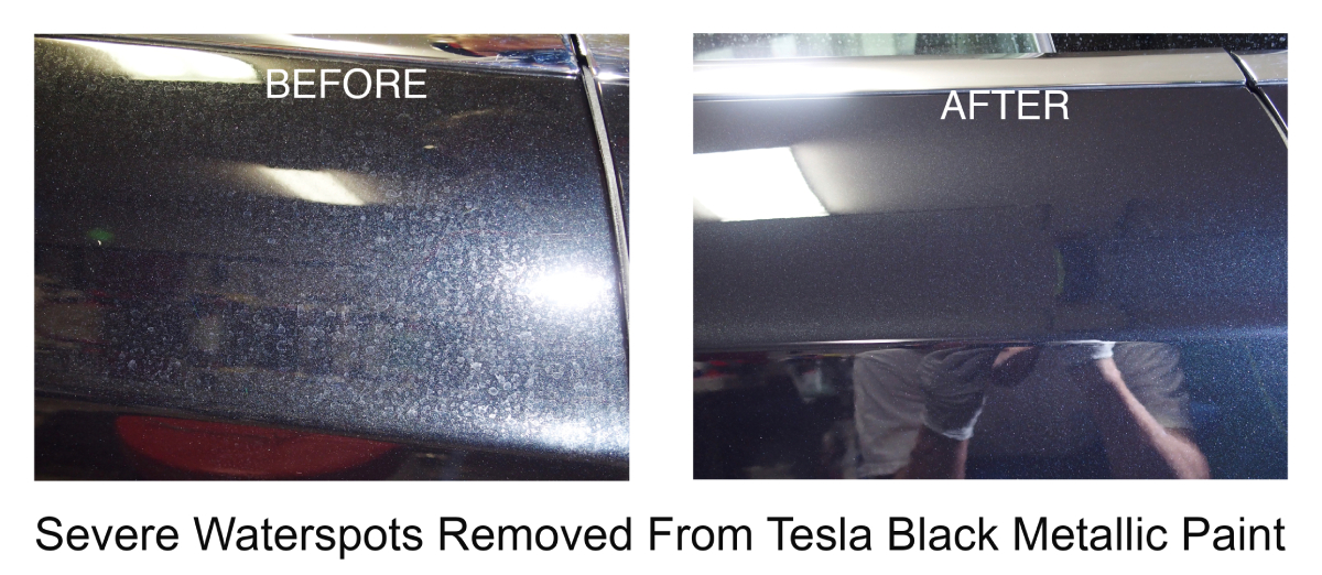 Severe Waterspots Removed From Tesla Black Metallic Paint